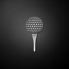 Wall Mural - Silver Golf ball on tee icon isolated on black background. Long shadow style. Vector.