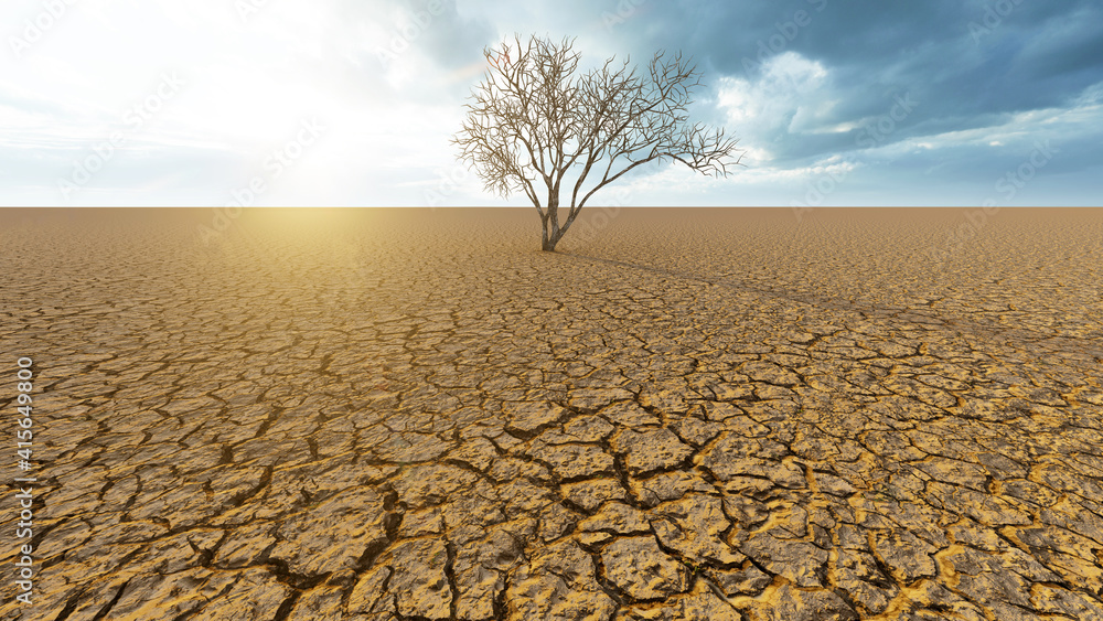 Concept or conceptual desert landscape with a parched tree as a metaphor for global warming and climate change. A warning for the need to protect our environment and future 3d illustration - obrazy, fototapety, plakaty 