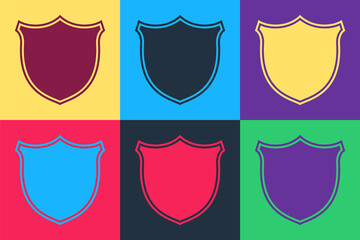 Wall Mural - Pop art Shield security icon isolated on color background. Protection, safety, security concept. Firewall access privacy sign. Vector.