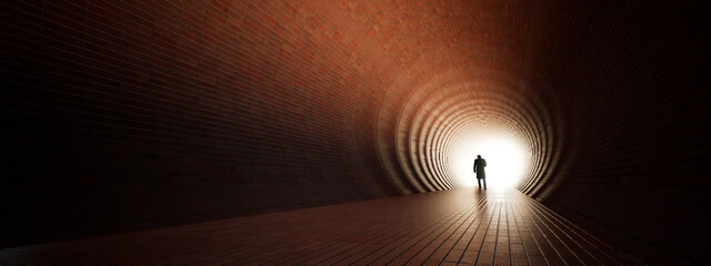 Concept or conceptual dark tunnel with a bright light at the end or exit as metaphor to success, faith, future or hope, a black silhouette of walking man to new opportunity or freedom 3d illustration