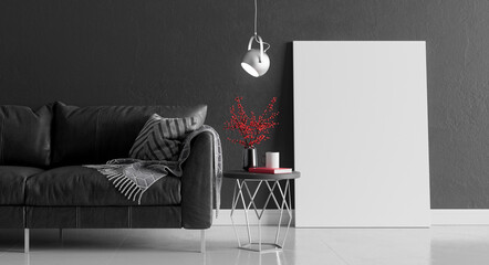 Wall Mural - Mock up living room with grey concrete wall and modern furniture, minimal interior design, 3d render, 3d illustration