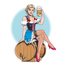 Young Sexy Oktoberfest Waitress, Wearing A Traditional Bavarian Dress, Sitting On Beer Barrel And Holding A Beer Mug. Attractive Blonde German Woman. Pin Up Style Vector Illustration.