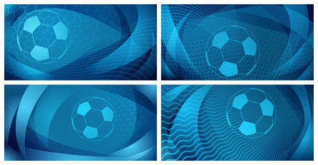 set of four football or soccer backgrounds with big ball in light blue colors
