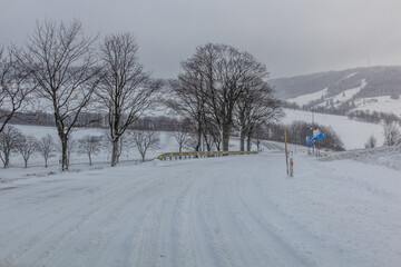 Sticker - Winter view of I/11 road near Suchy vrch mountain, Czech Republic