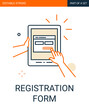 Site Registration form icon. Tablet in hand with a registration form on the application outline icon