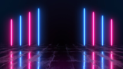 Wall Mural - abstract neon background with bright laser lights and reflections on the floor. 3d render of blue an