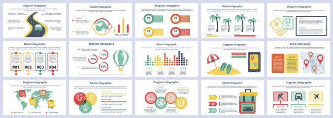 Poster - Bundle travel vacation infographics presentation slides template. Different charts, diagram, workflow, flowchart, timeline, schemes, graphs design template. Vector info graphic and infographics set.