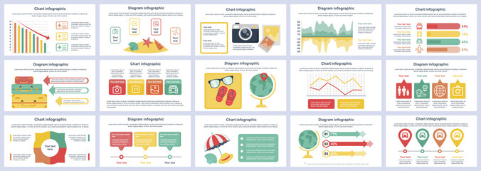 Poster - Bundle travel vacation infographics presentation slides template. Different charts, diagram, workflow, flowchart, timeline, schemes, graphs design template. Vector info graphic and infographics set.
