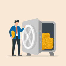 Man Keeps Money In Bank, Protecting Savings In Safe. Vector Illustration