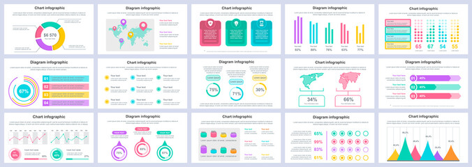 Aufkleber - Bundle business and finance infographics presentation slides template. Different charts, diagrams, workflow, flowchart, timeline, schemes design template. Vector info graphic and infographics set.