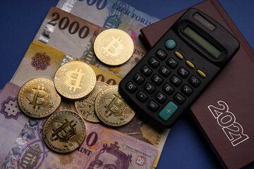 Wall Mural - Hungarian forint paper money denomination, gold bars and bitcoin on a blue background. Bank image and photo.