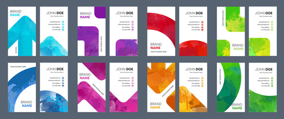 Wall Mural - big set of bright colorful vertical business card template with vector watercolor background