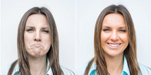 Sad And Happy Woman Face. Lady With Smiling And Frowning Face. Young Woman Expressing Different Emotions. Different Moods. Emotional Contrast.