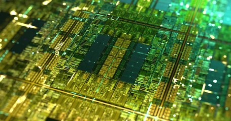 Canvas Print - electronic computer hardware, silicon wafer with gold elements. data flow with lights. high tech sci