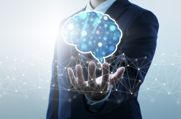 Poster - Business and artificial intelligence. Businessperson holding network structure and brain illustration.