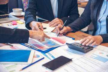 Poster - Group of business people meeting in conference room brainstorming consult business document graph chart office desk. Diversity multiethnic group of business people brainstorming and working together.