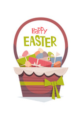 Wall Mural - happy easter spring holiday celebration greeting card with decorated colorful eggs and gifts in basket vertical vector illustration