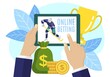 Online betting sports game. Man holdiing tablet screen and watching online sports broadcast. Hockey online sports with betting person, live bet application service flat vector illustration