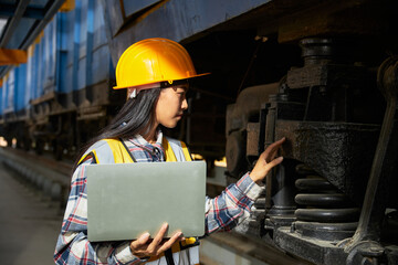 Female engineer checking train wheel availability.