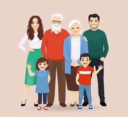 Big happy family with grandparents and childrens vector illustration isolated. Mother, father, daughter, son, grandfather, grandmother.