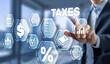 © Funtap - Tax payment. Businessman using virtual touchscreen presses tax button