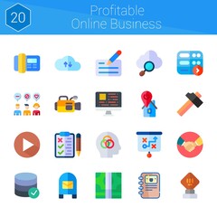 profitable online business icon set. 20 flat icons on theme profitable online business. collection of play, server, deal, hammer, smart home, list, intelligence, coding