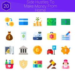 Wall Mural - side hustles to make money from home icon set. 20 flat icons on theme side hustles to make money from home. collection of parking, safebox, calculator, banks, piggy bank, coins