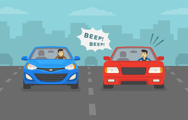 Aggressive and angry male car driver is honking horn for no reason. Front view of a city road or highway. Flat vector illustration template.