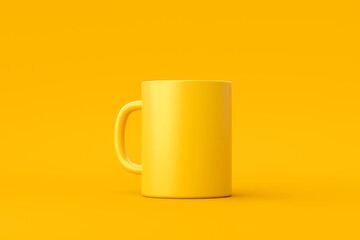 Yellow coffee cup or empty mug for drink on vivid color background with blank ceramic porcelain mockup template. 3D rendering.