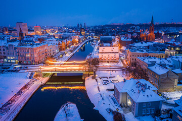 Wall Mural - Aerial view of downtown Bydgoszcz after sunset in winter
