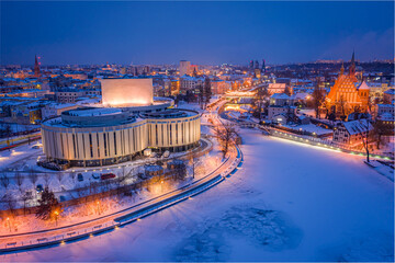 Wall Mural - Aerial view of Opera in Bydgoszcz after sunset in winter
