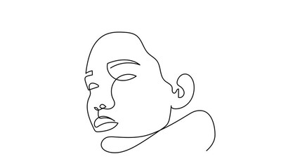 Wall Mural - Continuous line animation of face. Line art of woman with topknot hair.