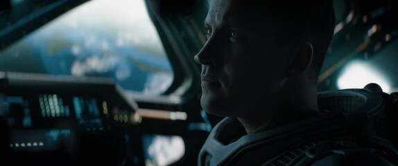 Wall Mural - portrait of caucasian male astronaut inside spaceship cockpit. sci-fi space exploration concept. sho