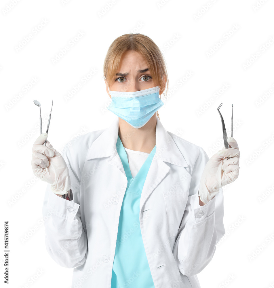 Female dentist on white background