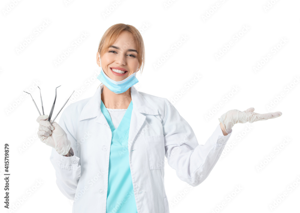 Female dentist showing something on white background