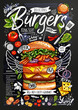 Food poster, ad, fast food, ingredients, menu, burger. Sliced veggies, bun, cutlet, cheese meat bacon Yummy cartoon style isolated Hand drawn vector