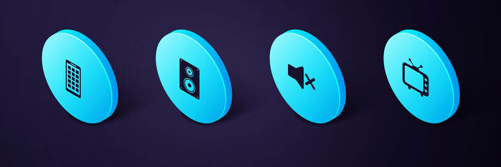 Sticker - Set Isometric Television tv, Speaker mute, Stereo speaker and Mobile Apps icon. Vector.