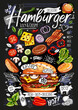 Food poster, ad, fast food, ingredients, menu, burger. Sliced veggies, bun, cutlet, cheese meat bacon Yummy cartoon style isolated Hand drew vector