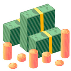 Vector illustration of earnings. Wad of money and coins