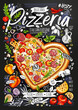 Food poster, ad, fast food, ingredients, pizzeria menu, pizza, heart. Sliced veggies, cheese, pepperoni splash Yummy cartoon style isolated Hand drawn vector