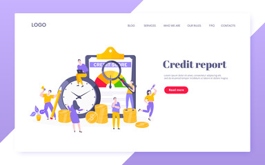  Credit score report with arrow gauge speedometer indicator with color levels on giant clipboard. Measurement from poor to excellent rating with people working together landing page.