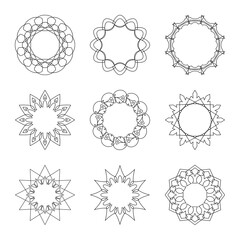 Wall Mural - Vector set of circular banners with thin intersecting lines. Circle frame in the form of snowflakes and stars