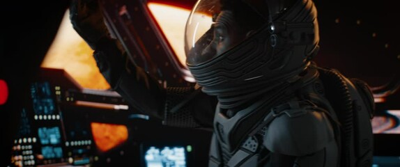 Wall Mural - cu portrait of african american black male astronaut inside spaceship cockpit. sci-fi space explorat