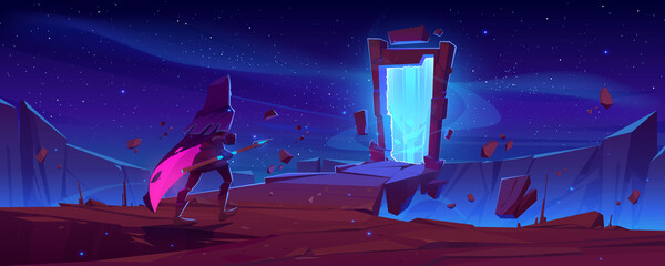 Wall Mural - knight and magic portal in stone frame on mountain landscape at night. vector cartoon fantasy illust