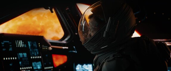 Wall Mural - portrait of caucasian male astronaut inside spaceship cockpit. sci-fi space exploration concept. mar