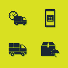 Set Delivery truck and clock, package with umbrella, boxes and Mobile app tracking icon. Vector.