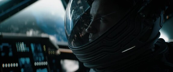 Wall Mural - portrait of caucasian male astronaut inside spaceship cockpit. sci-fi space exploration concept. sho