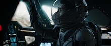 CU Portrait Of African American Black Male Astronaut Inside Spaceship Cockpit. Sci-fi Space Exploration Concept. Intentional Shake. Mars Mission. Shot With 2x Anamorphic Lens