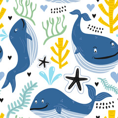 Wall Mural - Seamless pattern with cute swimming whales. Undersea animals. Creative childish background. Perfect for kids apparel, fabric, textile, nursery decoration, wrapping paper.Vector Illustration