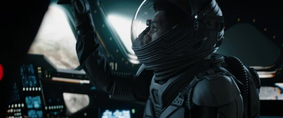Wall Mural - cu portrait of african american black male astronaut inside spaceship cockpit. sci-fi space explorat